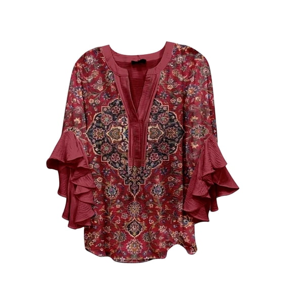 Womens Shirts Print V Neck 3/4 Sleeve Loose Spring Summer T Shirts for Women Red 3Xl