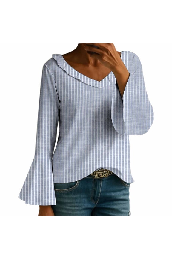 Womens Shirts Prolriy Ladies' Spring Summer T-Shirt with V-Neck, Pleated and Flared Sleeves Tops for Women Trendy Blue XL