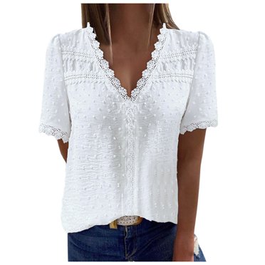 Womens Shirts Puff Short Sleeve V Neck Button Down Business Relaxed Fit Ladies Top