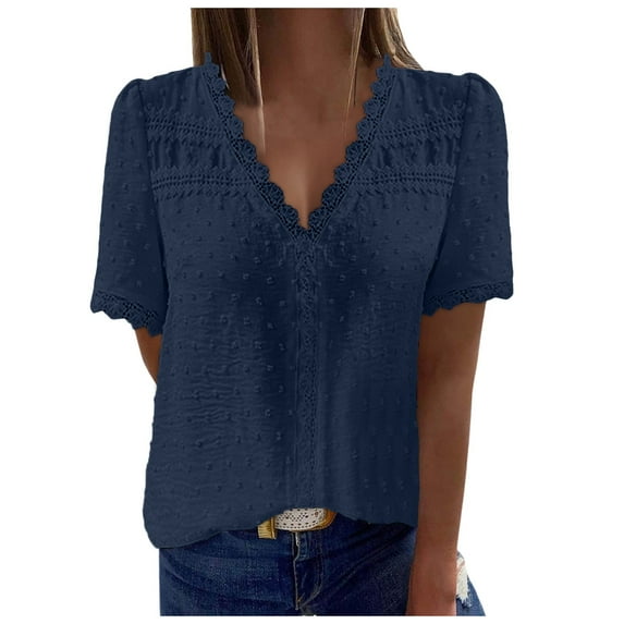 Womens Shirts Puff Short Sleeve V Neck Button Down Business Relaxed Fit Ladies Top