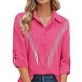 thumbnail image 1 of Womens Shirts Rhinestone Fringe Button Down Shirt Rolled 3/4 Sleeve Sparkly Concert Western Breathable Summer Fall Ladies Tops, 1 of 8