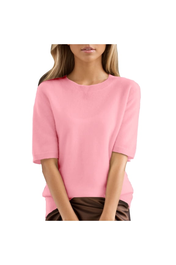 Womens Shirts Round Neck Knit Hem Short Sleeve Loose Summer Tshirts Shirts for Women Pink 2Xl