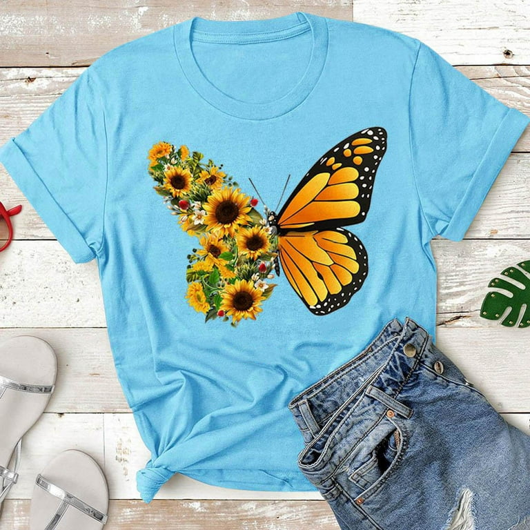 Womens Shirts Round Neck Short Sleeve T-Shirt Basic Butterfly