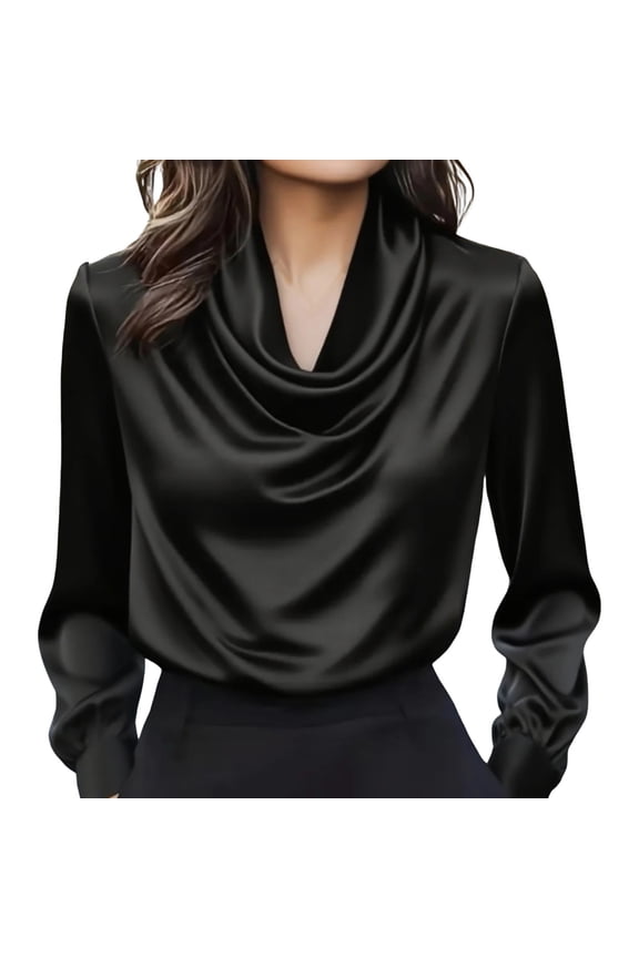 Womens Shirts Satin Cowl Neck Blouse Elegant Long Sleeve Work Shirt Top For on Sale