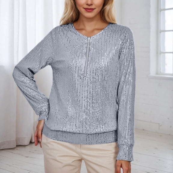 Womens Shirts Sequin Tops Grey Long Sleeve Sparkly Shirt Shiny Tops Womens Fashion Holiday Clothes for Women