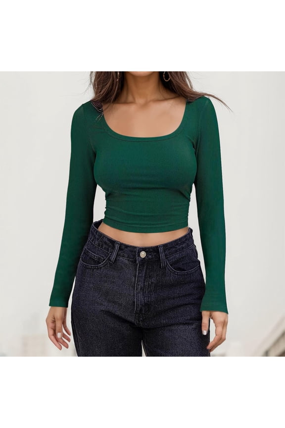 Womens Shirts Solid Color Long Sleeve Crop Shirts Square Neck Bodycon Casual Tops Women Blouses Green L