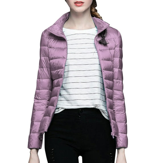 Womens Shirts Solid Color Standing Collar Hatless Ultra Light Down Jacket Top (With Storage Bag) Workout Tops