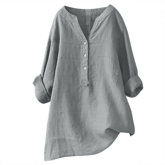 Womens Shirts Solid Color V-Neck Button Long Sleeved Shirt Womens Tee Shirts,Grey,XL
