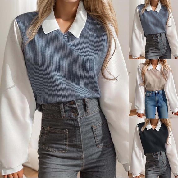 Womens Shirts Spring Color Block Lapel Collared Fashion Tops Summer Long Sleeve Dressy Casual Work Blouses