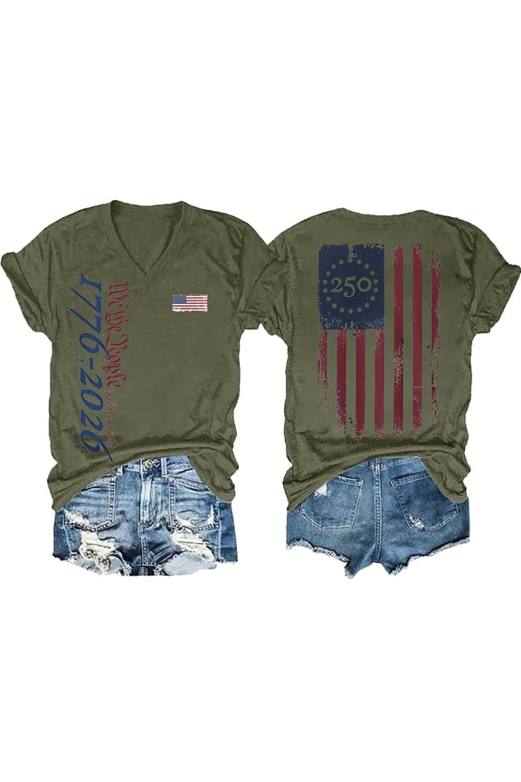 Womens Shirts Summer 250Th Anniversary Usa for Women 17762026 Patriotic American Flag V Neck T July 4Th Graphic Tee 250 Anniversary Usa Shirt Women Green 2XL