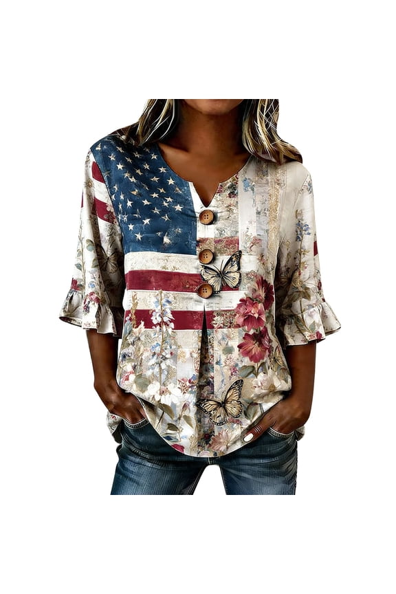 Womens Shirts Summer American Flag Star Print Peplum Blouse 3/4 Sleeve Notch V Neck Casual Top for Independence Day 250 Anniversary Usa Oversized Tshirts for Women Red M