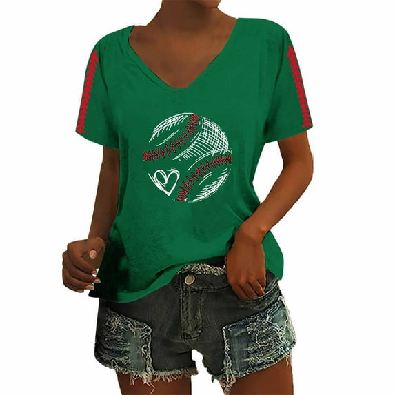 Womens Shirts Summer Baseball Festival Solid Color Baseball Printed V Neck Short Sleeved Top Womens Tops