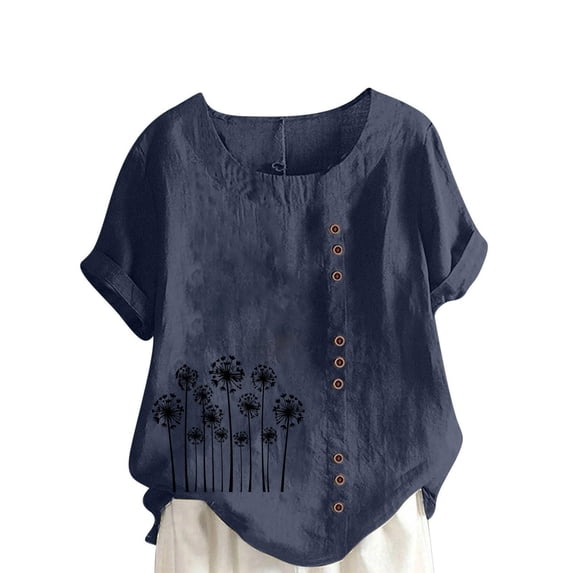 Womens Shirts Summer Cotton Linen Shirts Casual Boho Floral Short Sleeve Blouse Oversized Loose Tunic Tops Womens Tops