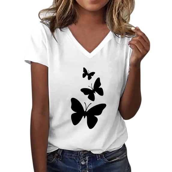 Womens Shirts Summer Fashion Casual V Neck Butterfly Print Top Short Sleeve T Shirt Womens Tops