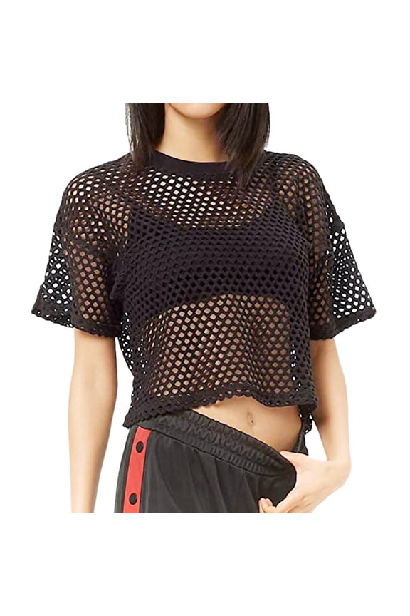 Womens Shirts Summer Mesh Cover Up See Through Fishnet T Shirt Crop Top Womens Tops