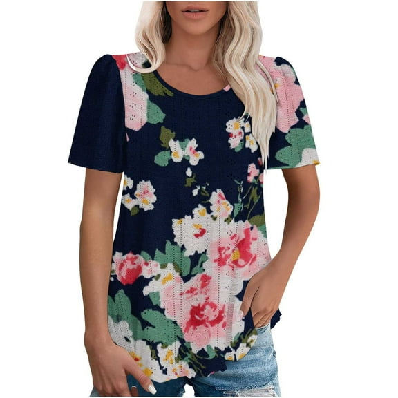 Womens Shirts Summer New T-Shirt Colorful Floral Print Blouses Round Neck Puff Sleeve Short Sleeve Shirt Pullover Top