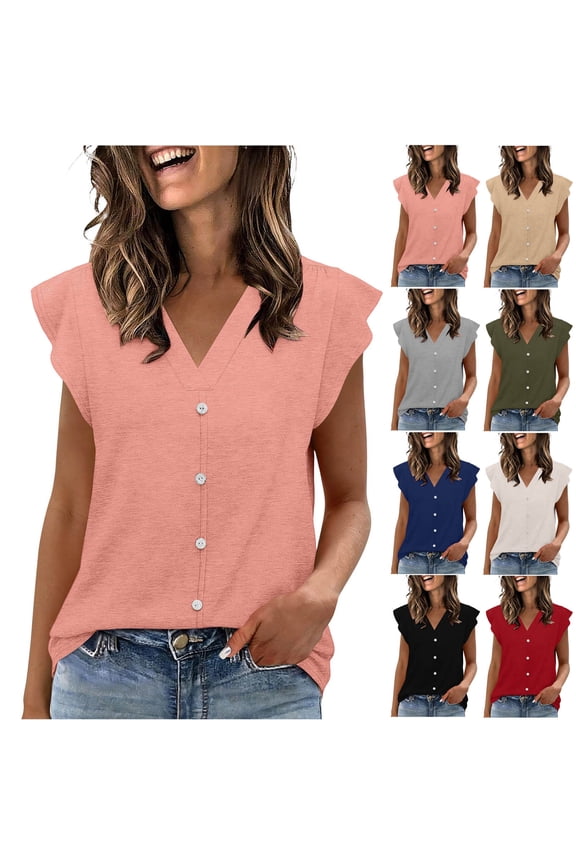 Womens Shirts Summer Ruffled V Neck Short Sleeve Tops Button Dressy Casual Blouses Beach Clothes