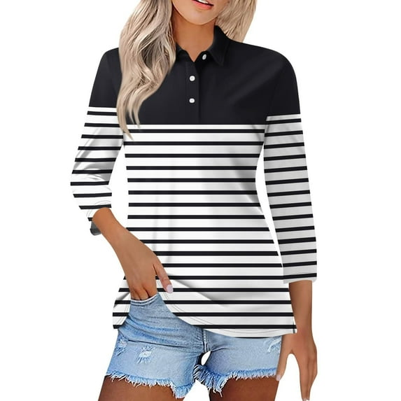 Womens Shirts Summer Shirts Three Quarter Length Striped Print Tops Collared Button Down T Shirts Breathable Trendy Tunic Tops Womens Tops