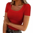 thumbnail image 1 of Womens Shirts Summer Short Sleeve Scoop Neck Ribbed Knit Fitted Casual Tops Tee Slim Basic Shirts Womens Tops, 1 of 4