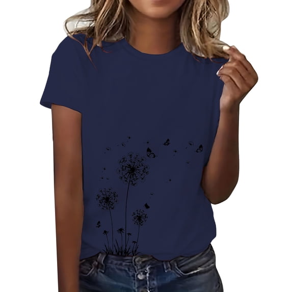 Womens Shirts Summer Spring Round Neck Dandelion Printed Loose Casual Short Sleeved T Shirt Womens Tops