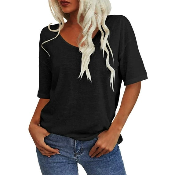 Womens Shirts Summer T Shirt V Neck Half Sleeve Loose Shirt Casual Solid Color Basic Top Womens Tops