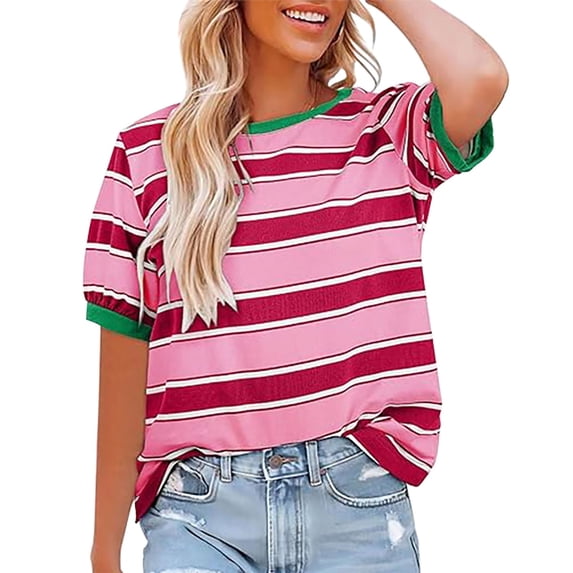 Womens Shirts Summer Tops Striped Color Block Short Sleeve T Shirts Crewneck Casual Loose Basic Tee Blouses Womens Tops