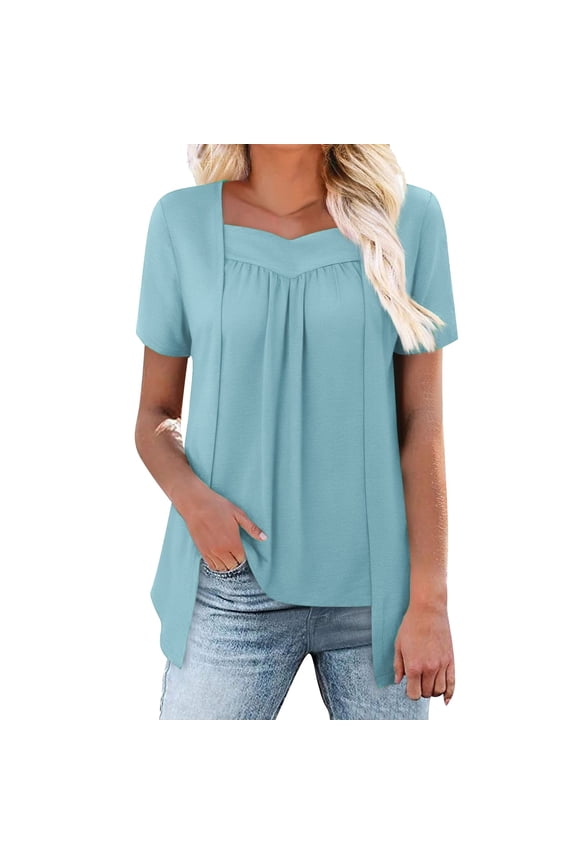 Womens Shirts Summer Two Piece Tops Trendy Plus Size Shirts Tunics Casual Short Sleeve Square Neck Blouses Womens Tops