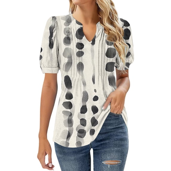 Womens Shirts Summer V Neck Tops Puff Short Sleeve T Shirt Pleated Floral Printed Tunic Blouse Shirts Womens Tops