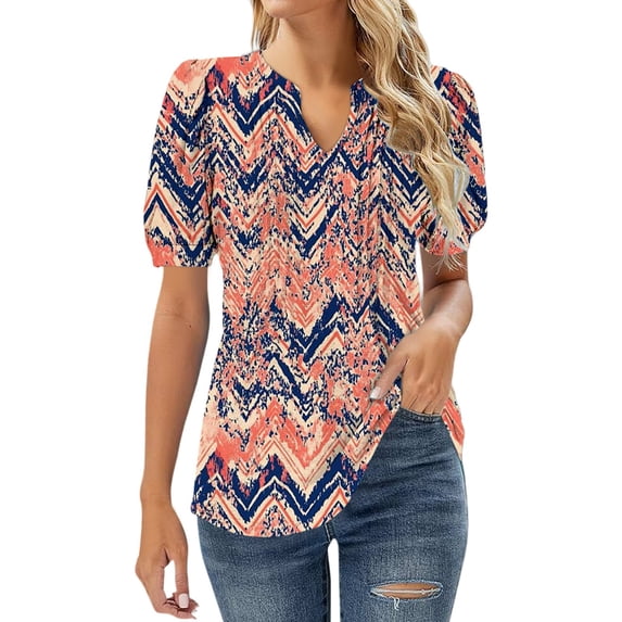 Womens Shirts Summer V Neck Tops Puff Short Sleeve T Shirt Pleated Floral Printed Tunic Blouse Shirts Womens Tops