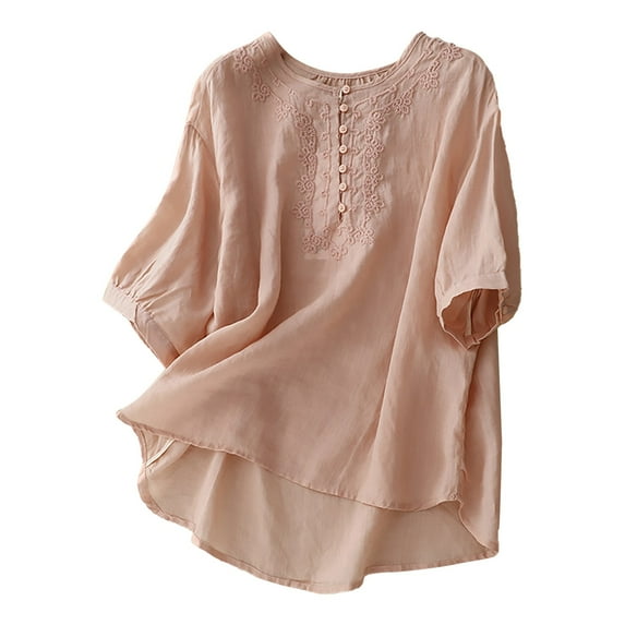 Womens Shirts Summer Vintage Cotton Linen Round Neck Embroidery Loose Mid Sleeve T Shirt Top Womens Tops