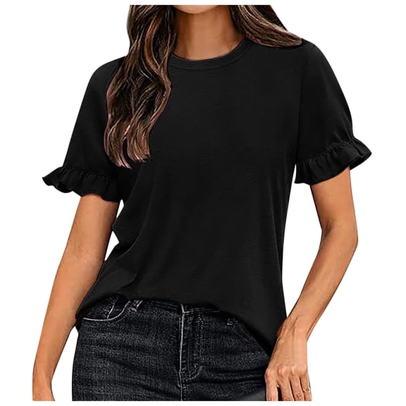 Womens Shirts Tops Casual Ruffle Short Sleeve Dressy Summer Spring Outfits Trendy Clothes Women Tees Blouses Black 2XL