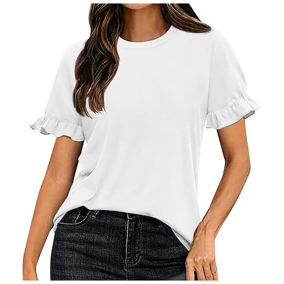 Womens Shirts Tops Casual Ruffle Short Sleeve Dressy Summer Spring Outfits Trendy Clothes Women Tees Blouses White L