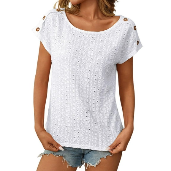 Womens Shirts Tops Casual Solid Color Jacquard Hollow Short Sleeved Women Tees Blouses White XL