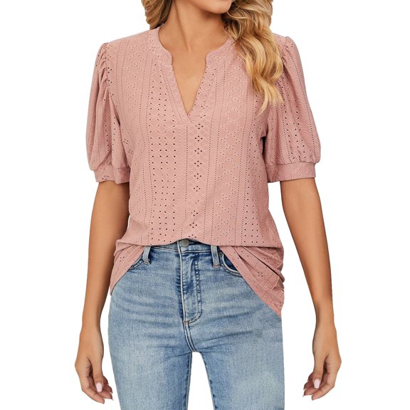 Womens Shirts Tops Casual Summer V Neck Solid Color Hollow Bubble Short Sleeve Loose Women Tees Blouses Pink L