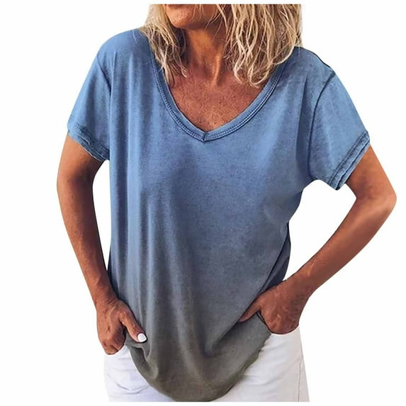 Womens Shirts Tops Casual V-Neck Fading Color Short Sleeve Plus Size Women Tees Blouses Blue 3XL