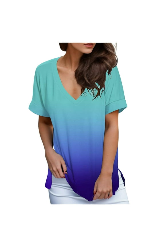 Womens Shirts Tops Fashion Loose Gradient V Neck Short Sleeve Ladies Clothing,Blue,3XL