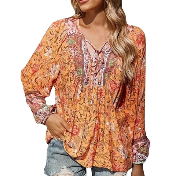 Womens Shirts Tops Fashion Loose V Neck Printed Loose Casual Long Sleeves Boho Fall Clothes for Women Tees Blouses Orange Size XL