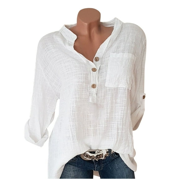 Womens Shirts Tops Fashion Solid Casual Button Turndown Roll Up Sleeves Women Tees Blouses White XL