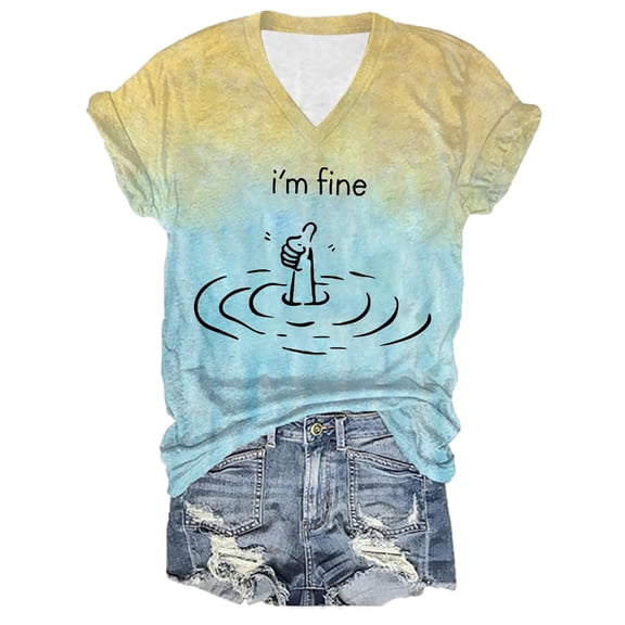 Womens Shirts Tops I'M Fine Funny Graphic Loose Fit Sarcastic Saying Short Sleeve Fall Clothes for Women Tees Blouses Yellow Size 3XL