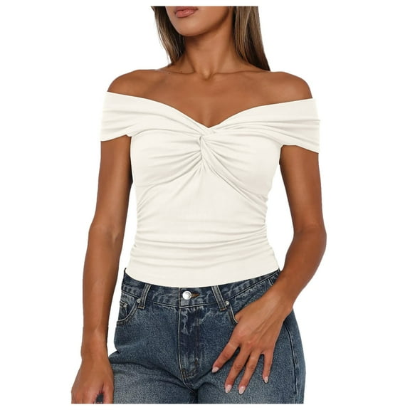 Womens Shirts Tops Knot Front Off The Shoulder Cap Sleeve Slim Fitted Womens Shirts Tank