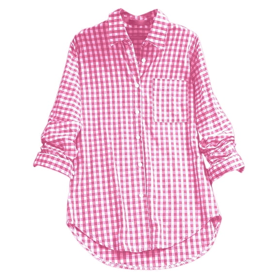 Womens Shirts Tops Linen Plaid Collar Long Sleeve Retro Button Up Womens T Shirts,Pink,M