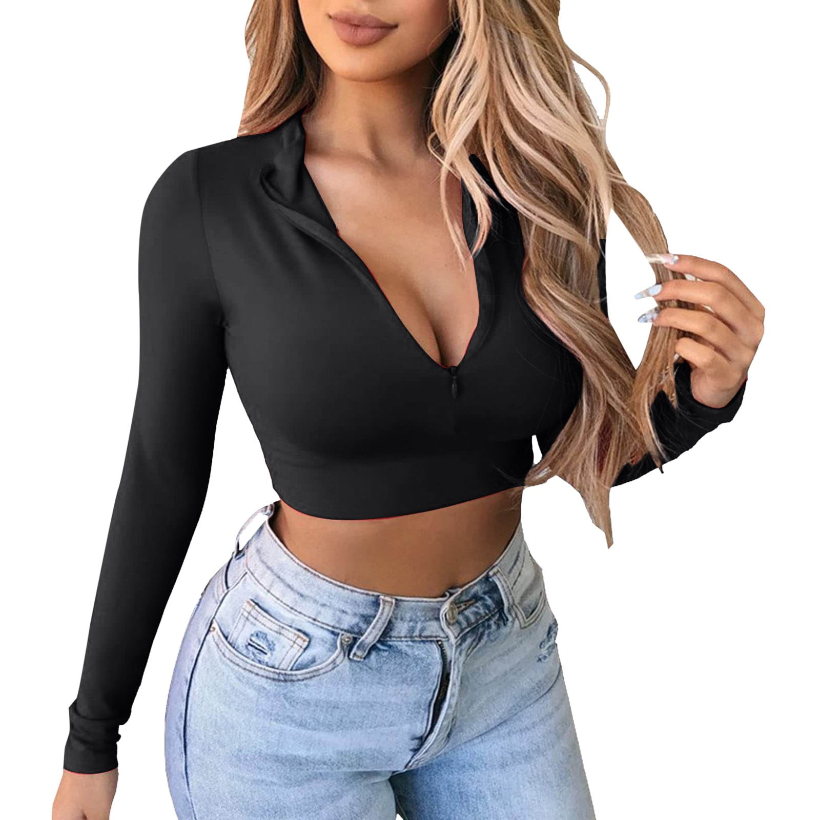 Womens Summer Tops Long Sleeve Quarter Zip Crop Fleece Lined V
