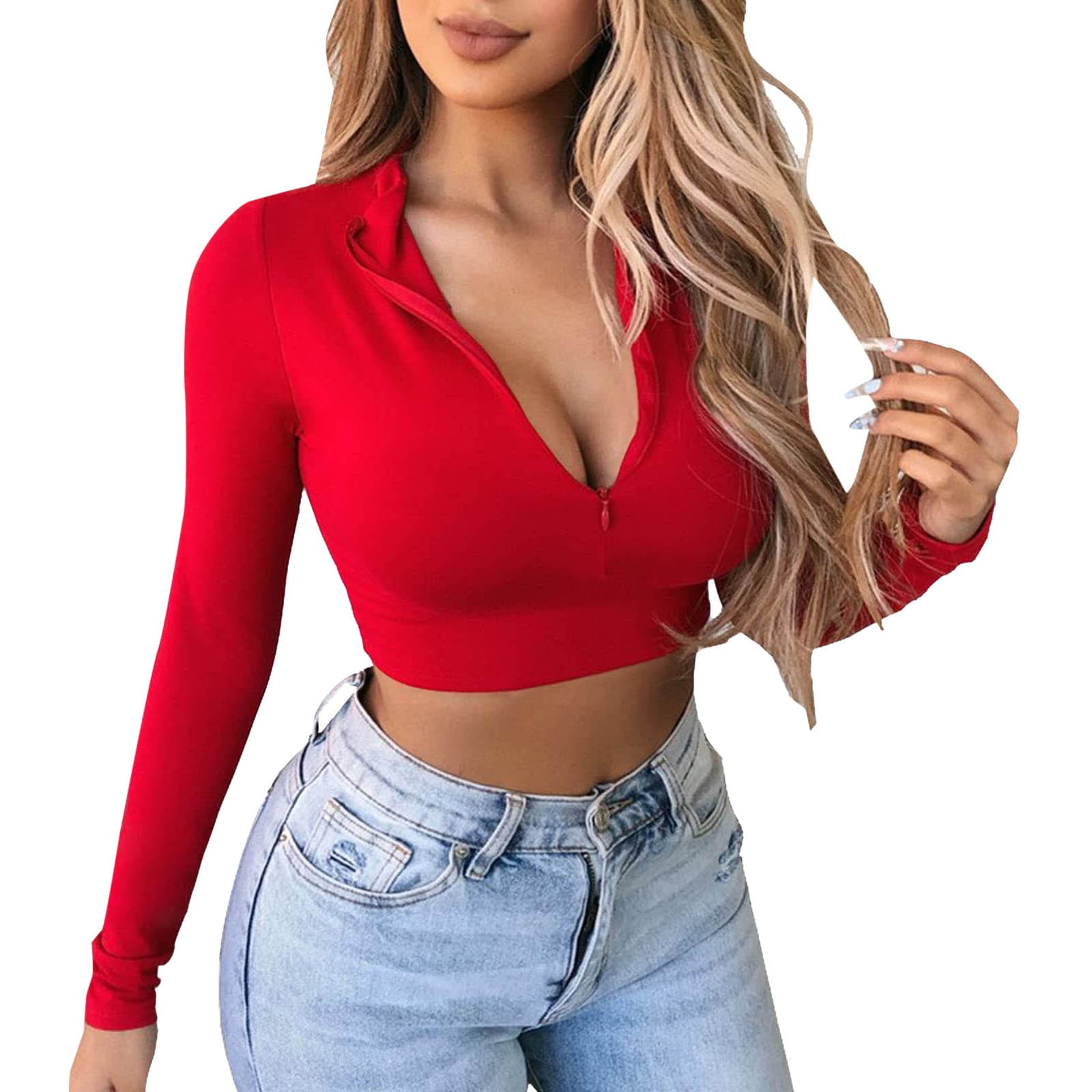 Womens Shirts Tops Long Sleeve Quarter Zip Crop Lined V Neck