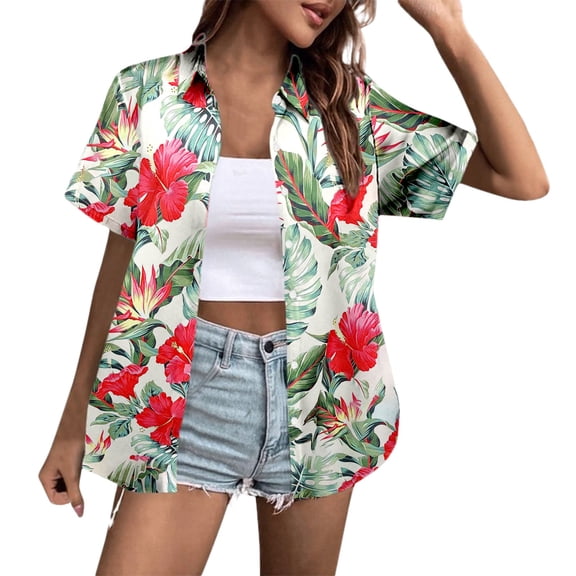 Womens Shirts Tops Loose Fit Short Sleeve Fashion Floral Print with Turn Down Collar Casual Wear Women Tees Blouses Multicolour XL