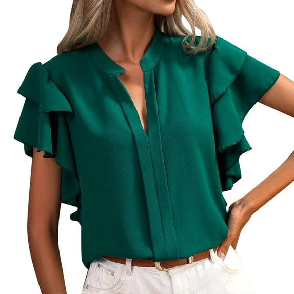 Womens Shirts Tops New V Neck Double Layer Ruffle Sleeve Solid Color Beach Vacation Clothes For Women