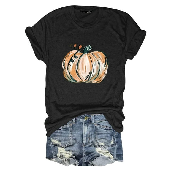 Womens Shirts Tops Plus Size Pumpkin Printed Short Sleeve Round Neck Womens Shirts Tank,Black,L