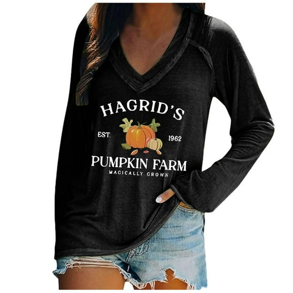 Womens Shirts Tops Pumpkin And Letter V Neck Print Long Sleeve Womens T Shirts,Black,L