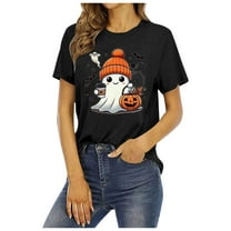 Womens Shirts Tops Round Neck Ghost Pumpkin Letter Graphic Print Short Sleeve Ladies Casual Blouse,Black,L