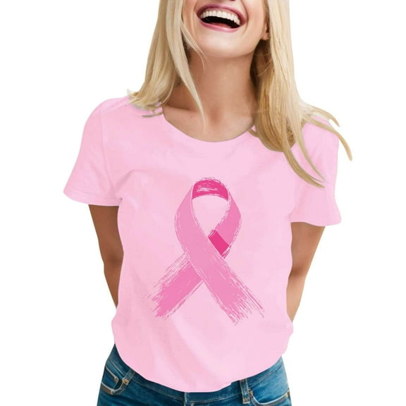 Womens Shirts Tops Short Sleeve Round Neck Cancer Awareness Ribbon Print Ladies Casual Blouse,Pink,XL