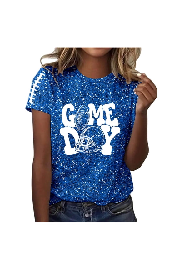 Womens Shirts Tops Short Sleeve With Glitter Print Loose Fit Round Neck Football Events Ladies Clothing,Blue,S